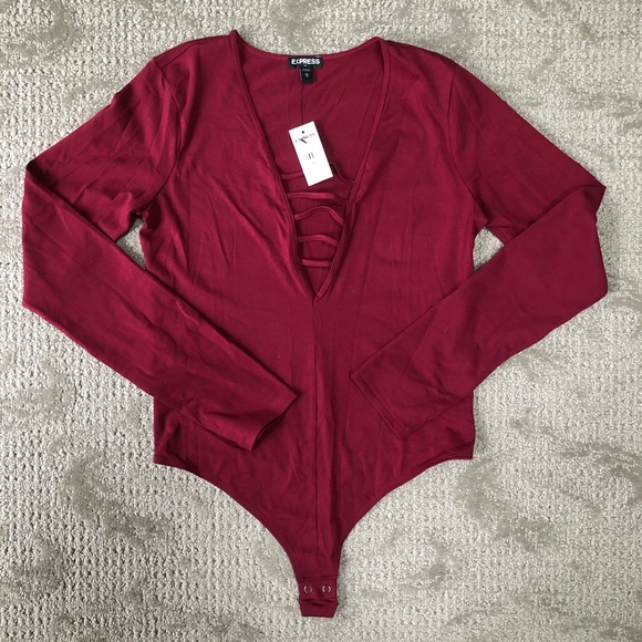 Express Tops - NEW Express Deep V Long Sleeve Bodysuit- Medium